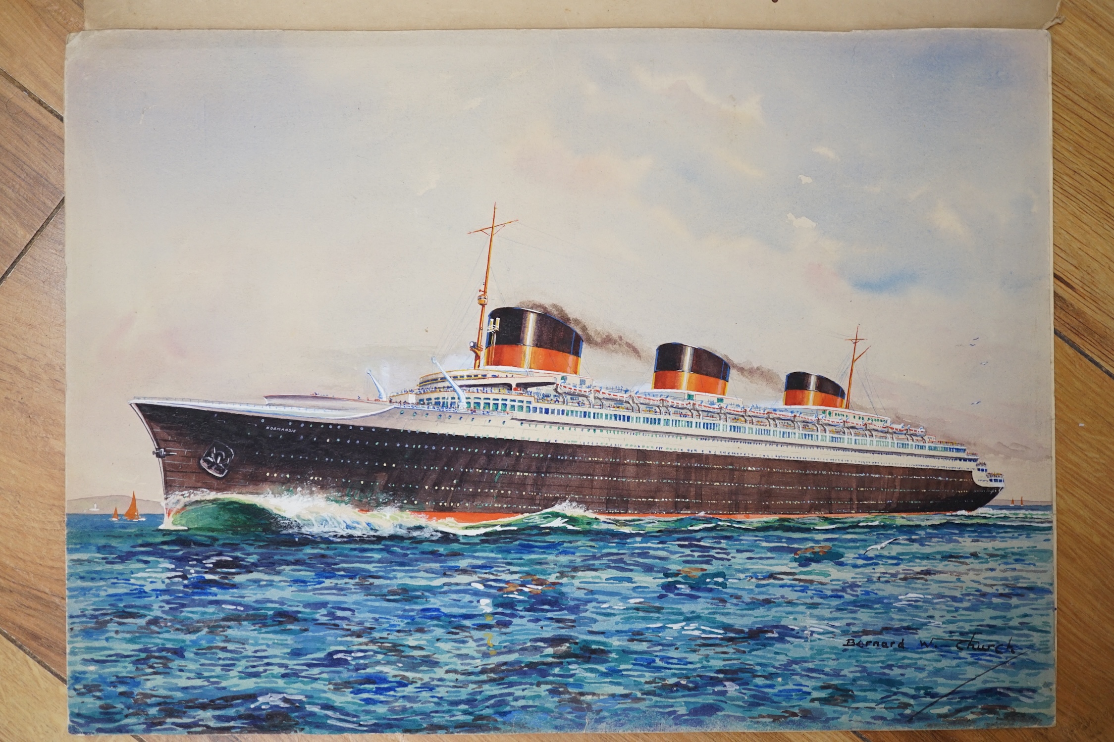 Bernard W. Church (20th. C), two original watercolours for postcard designs, ocean liners, ‘Normandie, France Line,’ & ‘Stratheden, P&O Line’, each signed, unframed, 25 x 36cm. Condition - fair to good